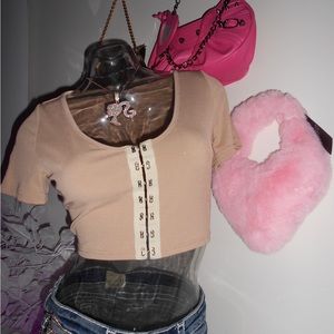 y2k nude beige hook n eye corset crop top baby tee